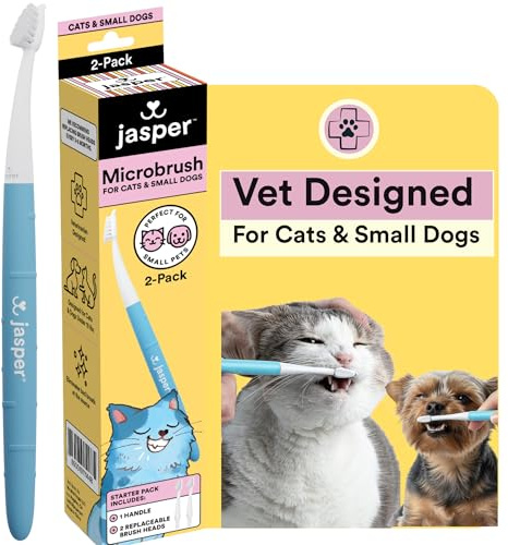 Jasper Microbrush Vet Approved Cat Toothbrush, Soft-Bristled Toothbrush Kit for Felines & Small Dogs, Non-Slip Handle with 2 Replaceable Tooth Brush Heads, Use with Cat Toothpaste
