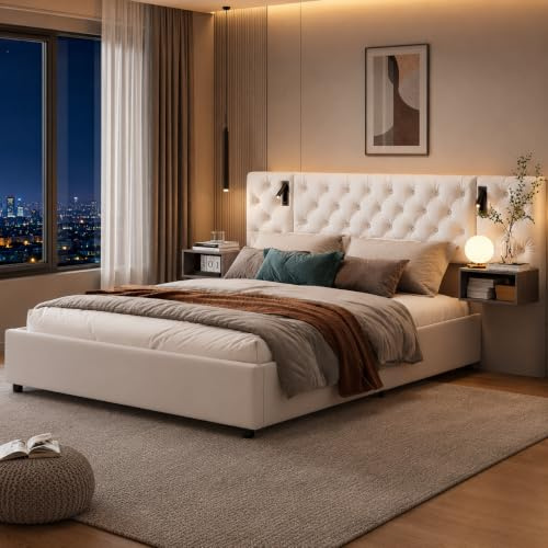 Polsterbett Doppelbett 160x200 Mit LED-Leuchten,Topcase Bett 160x200 mit Lattenrost, Hydraulisch Stauraumbett für 2 Personen mit Aufbewahrungsbox aus Holz mit Kopfteil Funktionsbett mit Kapitonné