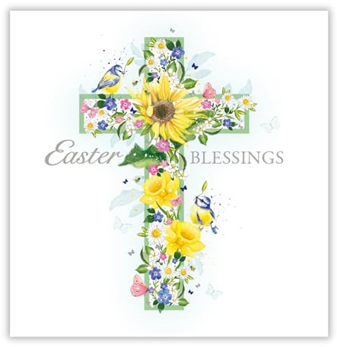 Noel Tatt Religious Easter Blessings Greeting Cards Pack of 6 - Easter Cards with Floral Cross and Blue Tit Birds Design - General Multipack for Family and Friends - 127 x 127mm