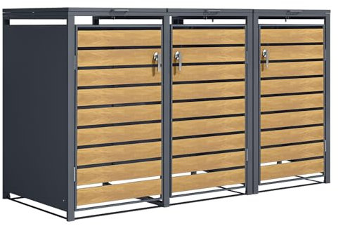 Phoenix GB3320AWK Triple Wheelie Bin Storage, Wood Effect & Anthracite, Lockable Metal Bin Store, Weather-Resistant, Soft-Close Lid, Gas Pressure Springs, Outdoor Rubbish Shed, 80D x 200W x 116H cm