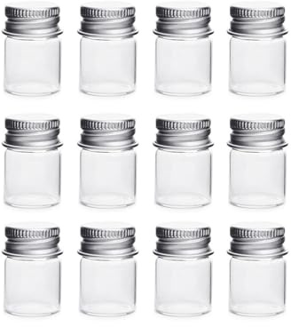 VASANA 12Pcs 5ml Empty Clear Small Glass Bottles with Aluminum Screw Lid Tiny Vials Mini Jars Sample Message Bottle Wedding Favors DIY Decorations Travel Liquid Container