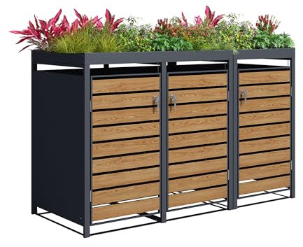 Wheelie Bin Storage with Planter roof, Galvanised Steel Wood Effect (Triple)