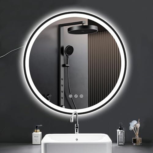 PESENXAN Runder Badspiegel mit Beleuchtung 60cm – Antibeschlag Spiegel Dimmbar, 3 Lichtfarben LED, Energiesparend mit Touch-Schalter & Speicherfunktion – Schwarz