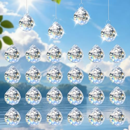 Soodyoow 24 Stück Sonnenfängers, 20mm Sonnenfänger Kristall, Suncatcher, Kristalle zum Aufhängen, Suncatcher Kristall, Sonnenfänger Bastelset, mit Transparenter Linie, und 24 Ringe