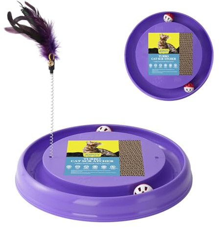 JOPOY Interactive Cat Scratcher with 2 Self-Rotating Balls and 1 Kitten Interactive Toy,Durable Scratch Pad for Indoor Play,Eco-Friendly Grey Sisal,2-in-1 Cat Toy (Purple)