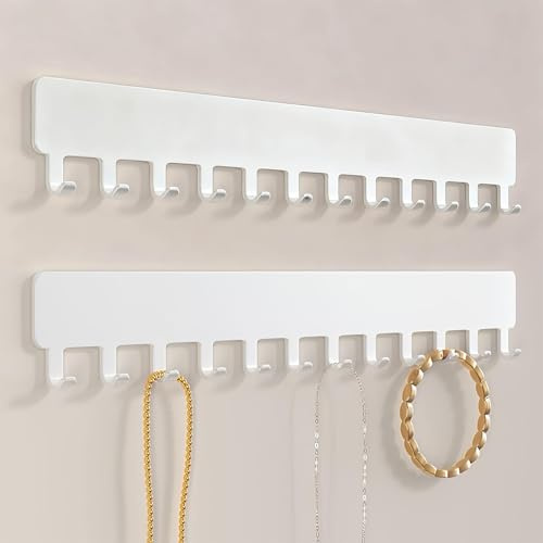2 Pack Wall Mounted Jewelry Organiser Holder, Jewelry Hanging Storage Necklaces Display Hanger, Adhesive Metal Key Holder, No Drill Key Hooks with 12 Hooks for Necklaces, Bracelets & Rings, White
