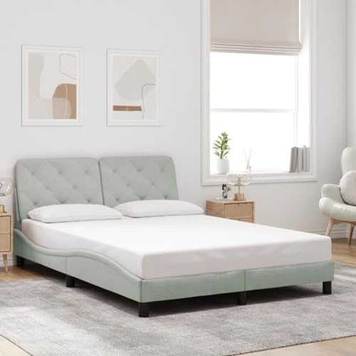 QJBSAVVA Bettrahmen 140x200 Hellgrau Samt mit Kopfteil Wellenform Modernes Design Matratze getrennt erhältlich für Schlafzimmer Jugendzimmer