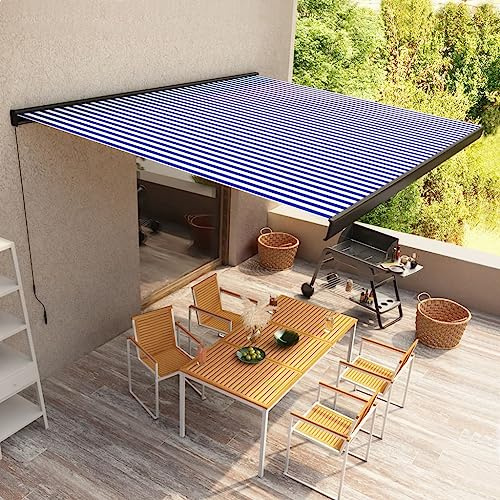 Owoxanthellate Tenda da sole a manovella, 400 x 300 cm, blu/bianco, alluminio/poliestere, protezione UV da giardino, terrazza