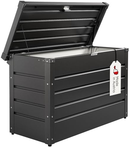 Sunny Garden Premium Gartenbox | 101L x 46B x 61H | 193 Liter | Größe S | Auflagenbox wasserdicht | Kissenbox Outdoor | Aufbewahrungsbox Garten | aus Metall | Anthrazit | Deckel mit Gasdruckfeder