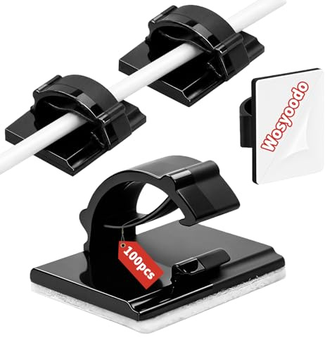 Wosyoodo 100Pcs Sujeta Cables Autoadhesivos Negro, Cable Management 19x14mm | Organizador Cables de Escritorio, Clips Adhesivos para Cables, Gestión de Cables –Pared, Escritorio, Luces de Cadena