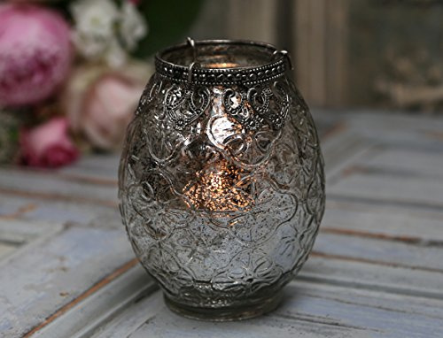 Windlicht Teelichthalter mit schönen Verzierungen im Glas und Perlenkante in Bauernsilber Deko Landhaus Shabby Nostalgie Vintage French Chic Antique