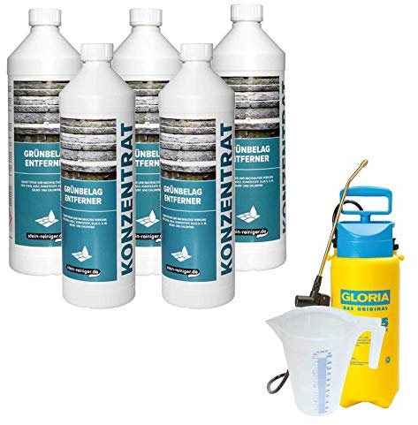 stein-reiniger.de: 5x Grünbelag Entferner Super Konzentrat 1L Gloria Drucksprühgerät Prima 5, Messbecher 1L SET