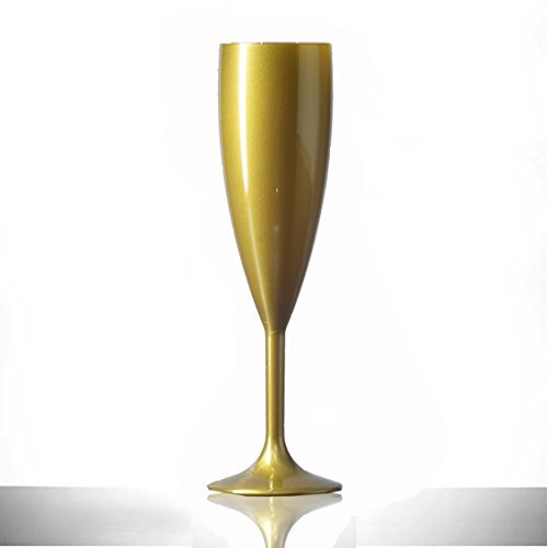 Gold Plastic Polycarbonate Champagne Flutes, 12 Pack, 6.6oz, Catering Quality Plastic Glassware - Reuse 1000 of Times | Virtually Unbreakable - Tough Polycarbonate