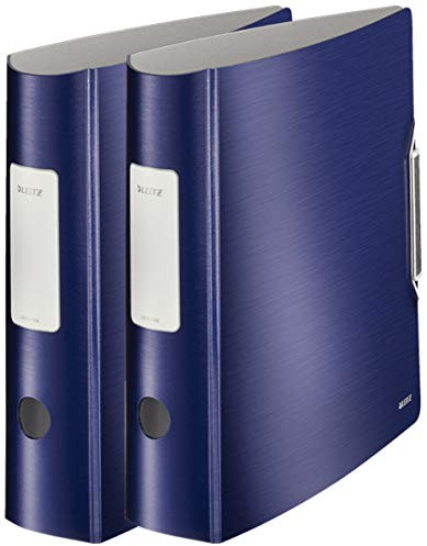 Leitz Qualitäts-Ordner 180° Active Style in gebürsteter Alu-Optik, A4, runder Rücken, 8,2 cm Breite, Gummibandverschluss (2er Pack, Titan-Blau)