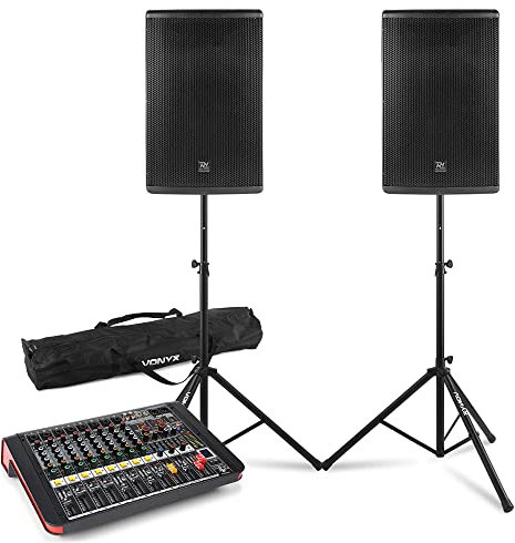 Power Dynamics Live Band PA System with PD412P 12 Passive Speakers, 8-Ch Mixer Amplifier, Bluetooth, Speaker Stands & cables - Ideal for Bands, Vocals & Churches, 800W