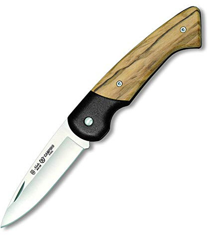 MIGUEL NIETO Navaja Camping 109N de 17,5 cm, con Hoja de Acero NA-58 de 7 cm. Mango de Cromo Duro Negro y Madera Natural de Olivo, Sistema de Cierre de Piston