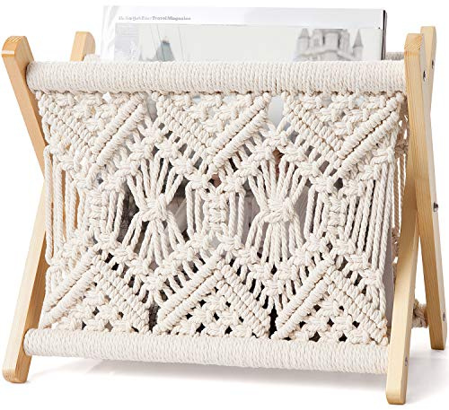 Mkono Makramee-Zeitschriftenständer Boho Zeitschriftenhalter Aufbewahrungskorb Handtuchhalter für Wohnzimmer, Badezimmer, Büro, rustikales Boho-Dekor
