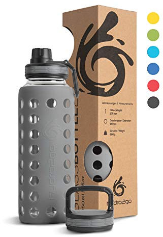 hydro2go® Trinkflasche aus Glas mit Silikonhülle 950 ml - spülmaschinenfest | 2 auswechselbare Deckel | 100% Auslaufsicher BPA-frei - Glasflasche für Smoothies, Büro, Fitness, Yoga, Sport & Outdoor