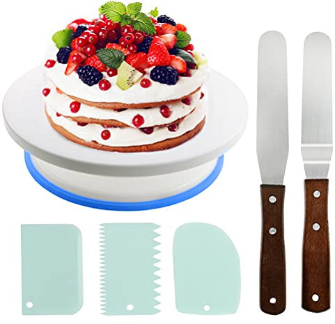 6pcs Juego de Plato de Pastel Giratorio Redondo Antideslizante,Soporte de Torta Giratoria de Pastel,Bandeja para Tartas Giratorio con 2 Espátulas de Acero Inoxidable y 3 Raspador para Repostería