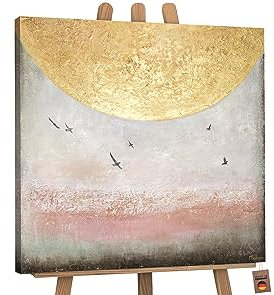 YS-Art XXL Abstrakt Acryl Gemälde auf Leinwand Sonnenenergie II handgemalt Wandbilder Wohnzimmer modernes Design Bilder Gold Braun Vögel echte Kunst 80x80 cm