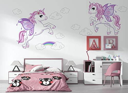 Wandaufkleber rosa Einhorn Wandbild I Regenbogen Wolken Kinderbilder Junge Kinderzimmer Mädchen Aufkleber Osomhome os2142 (230x134cm)