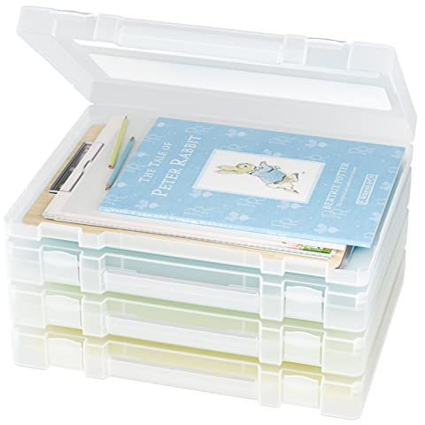 Denkee Large Thick Durable Portable Project Case for 8.5 x 11 Letter A4 File Paper, Plastic Storage Box with Handle, Documents Magazines Paper Protector, Office Supplies File Storage Case, 4 Pack