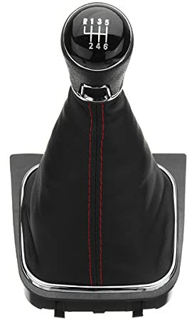 Schaltsack Schaltknauf + Schalthebelknauf + Chromrahmen Kompatibel mit Volkswagen Golf 5 6 MK5 MK6 Scirocco III 2008-2014 Rote Nähte 6-Gang Komplettset Auto Ersatzteil