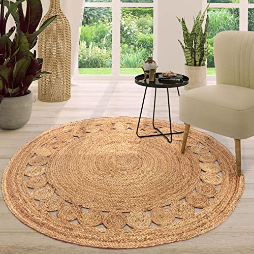 TT Home Jute Teppich Rund Wohnzimmer Esszimmer Boho Modern Handgemacht Mit Umrandung, Farbe: Natur 2, Größe:120 cm Rund