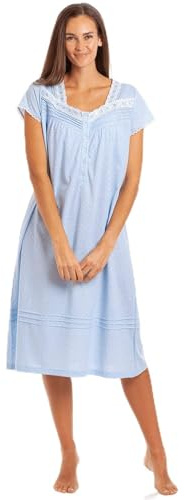 Camille 100% Cotton Short Sleeved Women's Nightie, Knee Length Nightdress | Comfortable & Breathable Traditional Nighty With Buttons, Classic Nightwear with Short Sleeves