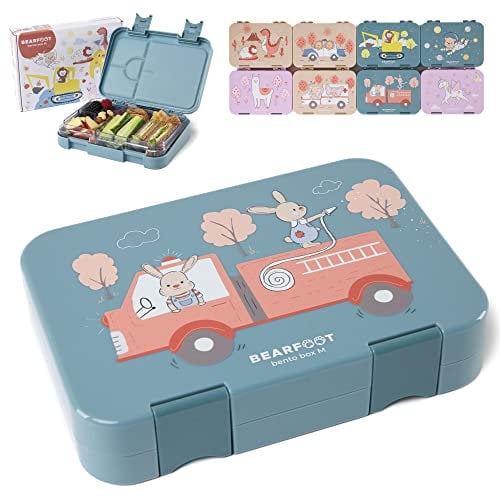 BEARFOOT Brotdose Kinder mit Fächern, BPA frei, Lunchbox, Bento box, Brotbox, Brotdose Mädchen & Jungen, Snackbox mit Trennfächern, Vesperbox für Kindergarten, Schule (Blau - FeuerwehrHasen)
