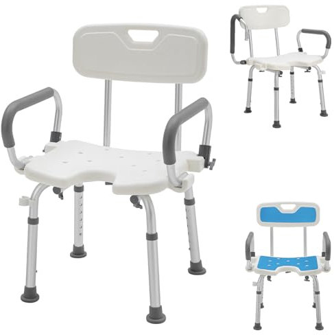Froadp Anti-Rutsch Duschhocker Aluminium Badestühle 73,5-86cm Höhenverstellbar Badhocker mit Armlehne & Rückenlehne Mobile Duschhilfe Duschsitz Belastung max. 150KG für Senioren Schwangere Pflege