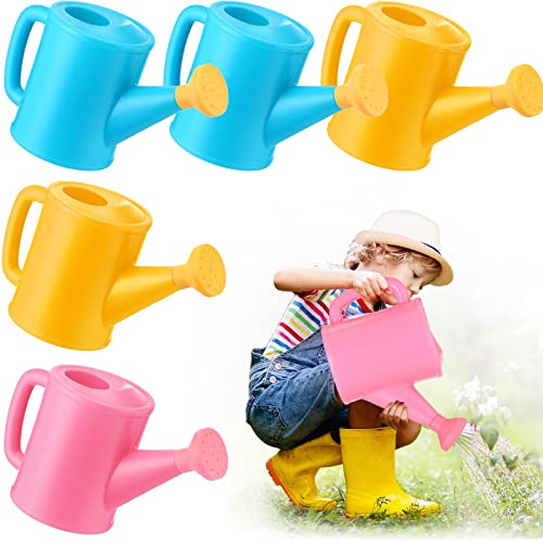 Meooeck 6 Pieces Plastic Watering Can for Kids Small Beach Toy Watering Can Toys for Childs Toddler Boys Girls Water Play Outdoor Gardening Play Time Practical Use, Yellow, Pink, Blue