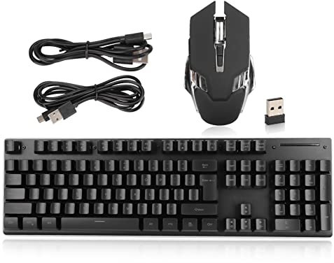Tastiera Gaming Mouse Combo, 104 Tasti Tastiera Gaming Meccanica Wireless 2.4G Mouse 1200-3200 DPI Set con Retroilluminazione LED RGB, 2 Livelli di Luminosità, Tasti di Scelta Rapida FN, Batteria