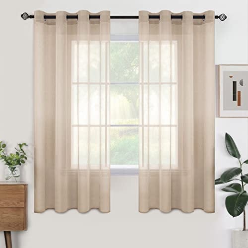 Woaboy Voile Gardinen Kurz Vorhänge Transparent Wohnzimmer mit Ösen Stores Gardinen Schlafzimmer Ösenvorhang Scheibengardine Schlaufengardinen Modern 2er Set 140x122 cm (B x H) Beige