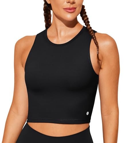BAYDI Sports Bra Removable Padded Crop Tops High Neck Tank Tops with Built in Bra Longline Yoga Workout Top Black