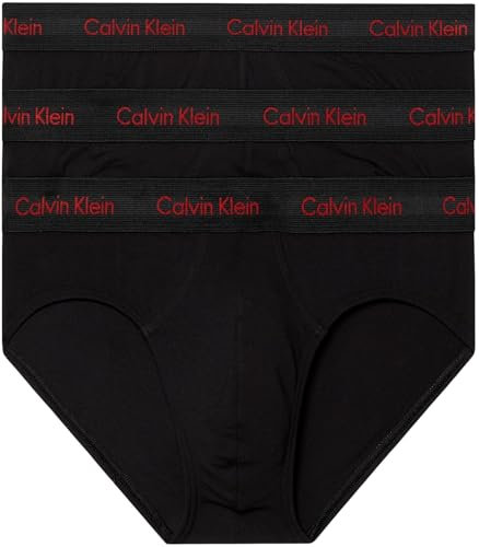 Calvin Klein Men Hip Briefs Stretch Cotton Pack of 3, Black (Black W/Pompian Red Logos), S