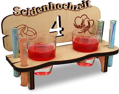 Urhome Hochzeit Schnapsbank aus Holz und 2 Schnapsgläser - 4. Hochzeitstag zur Seidenhochzeit - Hochzeitsbank mit Gläser zum Jubiläum Jahrestag - Hochzeitsgeschenk für Brautpaar