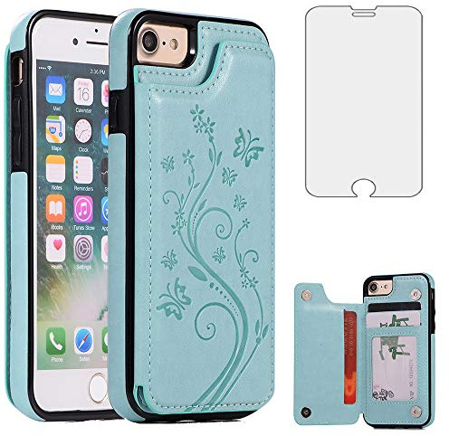 Phone Case for iPhone 7/8/SE 2020/2022 with Tempered Glass Screen Protector and Card Holder Wallet Cover Flip Leather iPhone7 iPhone8 7s 8s i SE2020 SE2022 2/2nd/3/3rd Generation SE2 SE3 7SE 8SE Green