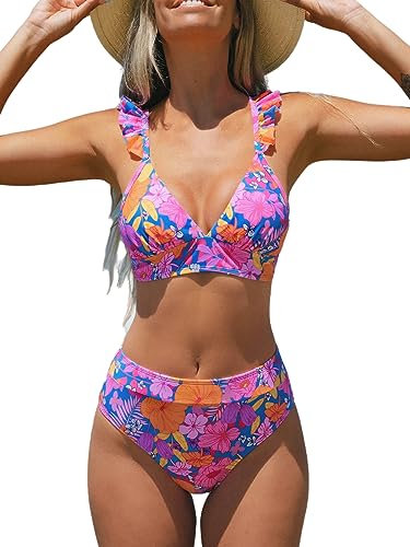 CUPSHE Maillot de bain 2 pièces pour femme - Bas taille haute - Imprimé floral - Col en V, motif floral rose, Taille M