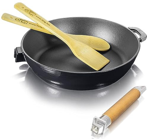 Poêle en fonte émaillée de 26 cm avec manche en bois amovible, spatule et cuillère de cuisson, poêle en fonte pour barbecue à gaz, foyer et tous types de feux, y compris induction