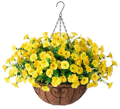 Artificial Fall Flowers Fake Hanging Plants Flowers Basket for Outdoors Autumn Decoration, Yellow Silk Morning Glory with Eucalyptus Look Real UV Resistant Faux Flowers for Outside Porch Patio Balcony