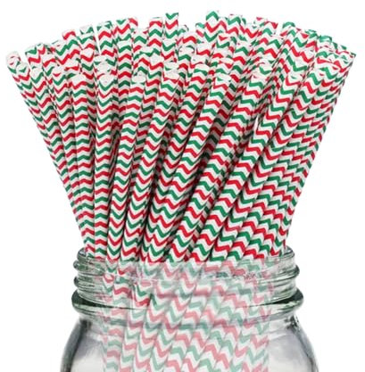 SHARRLA Paper Straws 25pcs, Biodegradable Recyclable Drinking Straws for Wedding | Birthday Party Straws for Cocktail, Holiday, Coffee, Soda, Baby Shower Suppliers (White Green Red Chevron)