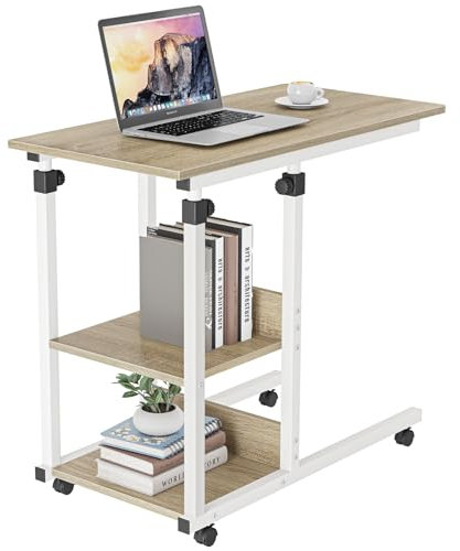 Dripex C Shaped Side Table, Height Adjustable Sofa Couch Bed End Table with Wheels, Rolling Bedside Computer Laptop Desk with 2 Tiers Storage Shelves for Living Room, Bedroom(Oak)