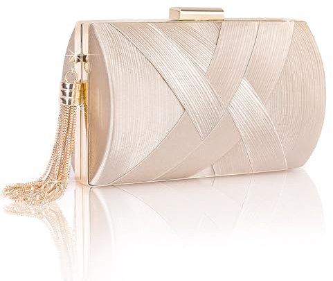 Larcenciel Damen Clutch, Elegant Abendtasche mit Abnehmbarer Kette, Luxuriös Satin Handtasche für Braut, Crossbody Umhängetasche Tasche für Hochzeit, Party, Date (Champagne, 17×10×6.5cm)