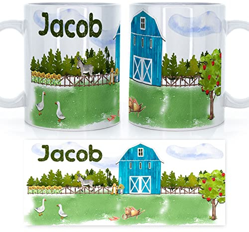 Hairyworm Personalised Mug and Belgian Milk Chocolate/Hot Chocolate Stirrer Marshmallow Gift Set, Customised with Name/Initials, (11oz) White, Yellow, Blue, Black, Pink Mug with Farm Animal Design