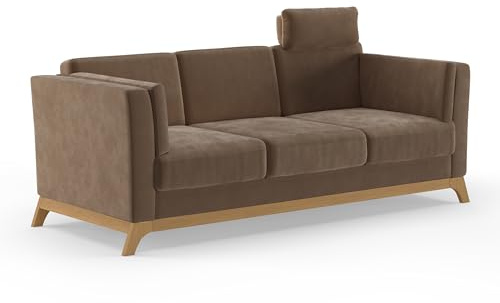Cavadore 3er-Sofa Vida / 3-Sitzer Couch im trendigen Design mit massivem Holzrahmen in Eiche, Kopfstütze mit Kuschelkissen / 213 x 84 x 93 / Mikrofaser, Hellbraun