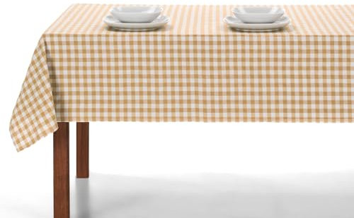 LAN&LAN – Tischdecke abwaschbar Kariert mit Stoff, Tischdecken Hochwertig Gefertigtes, für den Innen- und Außeneinsatz (Beige, 140 x 100)