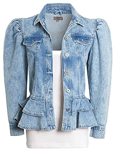 Womens Size 14 12 10 8 16 Puff Sleeve Denim Jacket Ladies Peplum Jackets Stonewash Blue