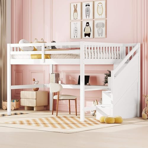 YCYDHDM Hochbett 140 x 200 cm mit Schreibtisch und Stauraumtreppe, Kinderbett Einzelbett mit Lattenrost und Rausfallschutz, Stauraumbett für Kinderzimmer, Bettgestell aus Kiefernholz, Weiß