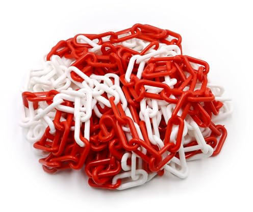 alwaiiz Absperrkette Rot Weiß Kunststoff 10m x 8mm, Leicht und Praktisch Absperrkette Warnkette mit 4 S Haken, Kunststoffkette zum Absperren von Flächen